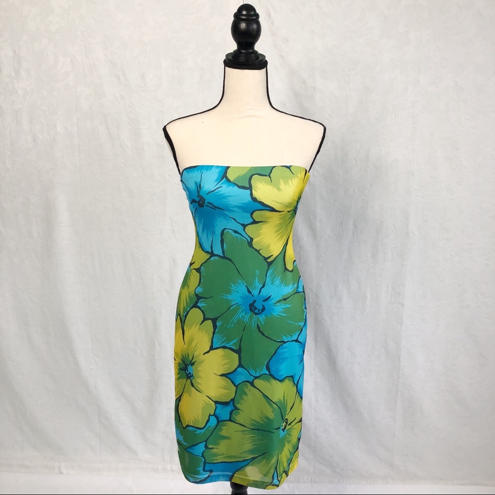 Green & Blue Strapless Floral Dress